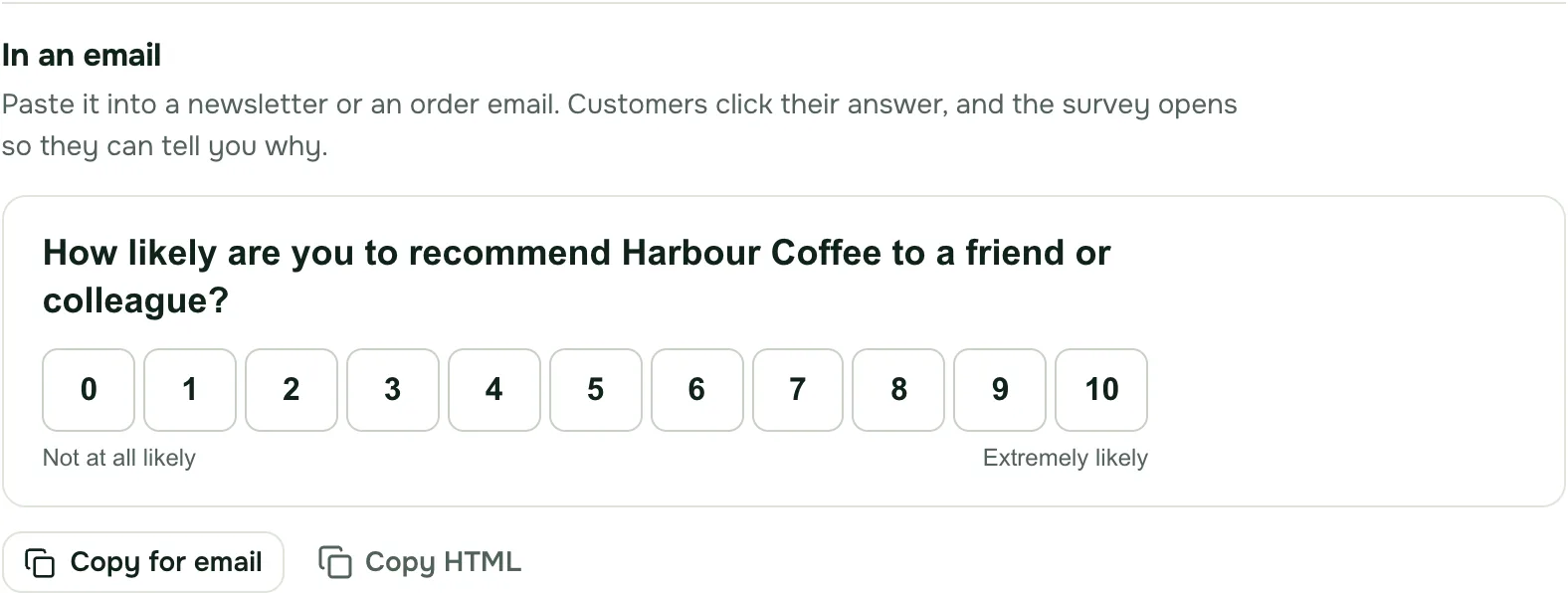 The email snippet: How likely are you to recommend Harbour Coffee to a friend or colleague, with the numbers 0 to 10 as buttons, and Copy for email and Copy HTML.