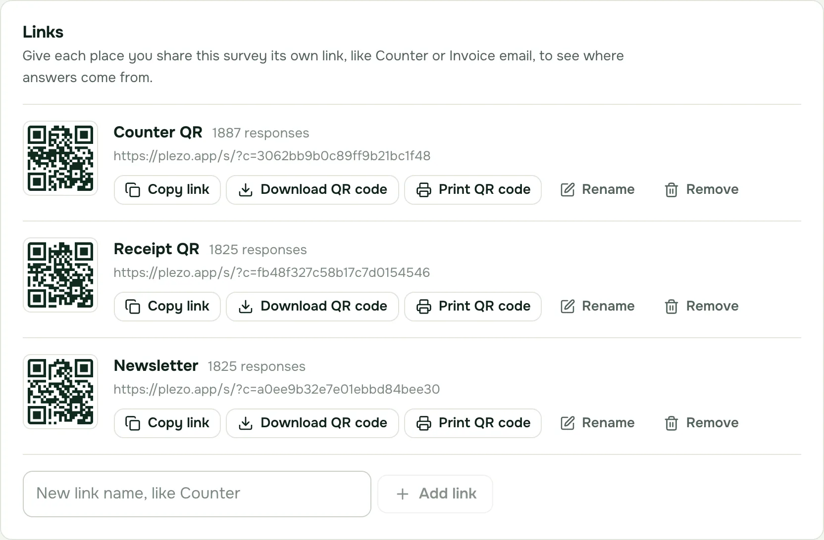 Links on a survey: Counter QR, Receipt QR and Newsletter, each with its QR code, address and number of responses, and Copy link, Download QR code, Print QR code, Rename and Remove.