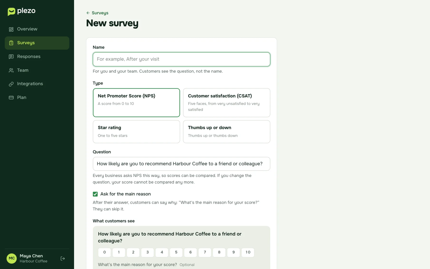 New survey: a name, four types to choose from (NPS, CSAT, star rating, thumbs up or down), the standard question, Ask for the main reason, and a preview of what customers see.